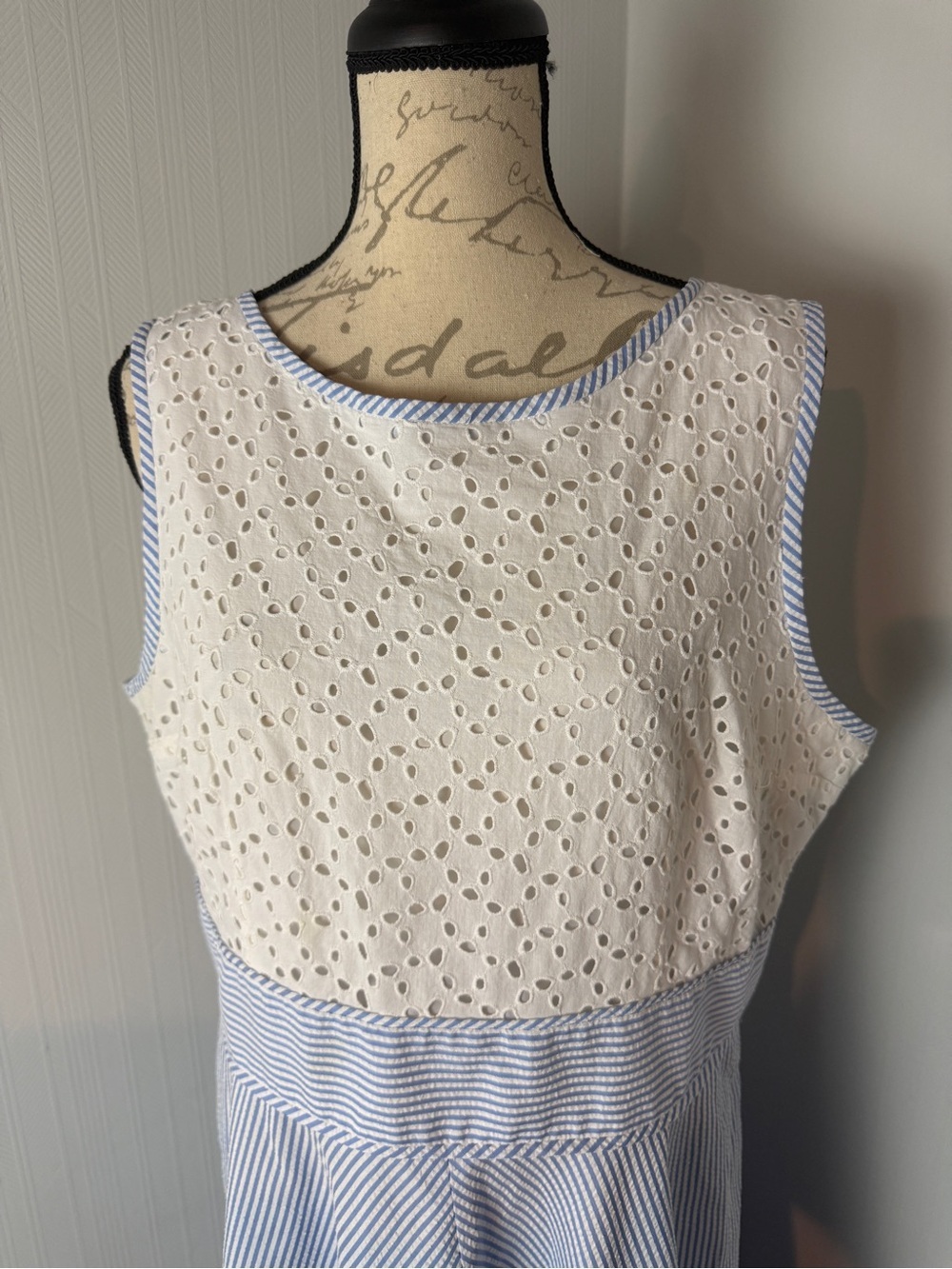 London Style White Eyelet Top Blue Striped Midi Dress size 18 - Picture 2 of 7
